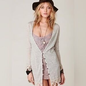 Light Gray Open-Front Lace Trim Women's Cardigan Sweater